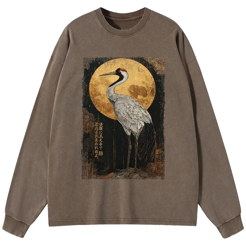 Tokyo-Tiger Vintage Japanese Crane Kanji Washed Long Sleeve T-Shirt