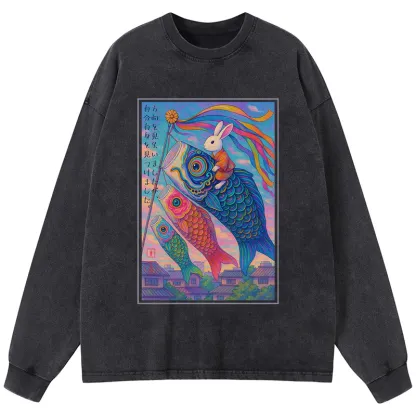 Tokyo-Tiger Ukiyoe Rabbit Ride Carp Streamer Poster Washed Long Sleeve T-Shirt