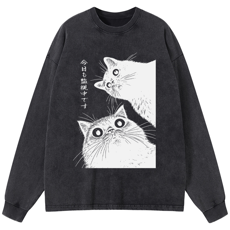 Tokyo-Tiger The Cat Is Watching Today Washed Long Sleeve T-Shirt