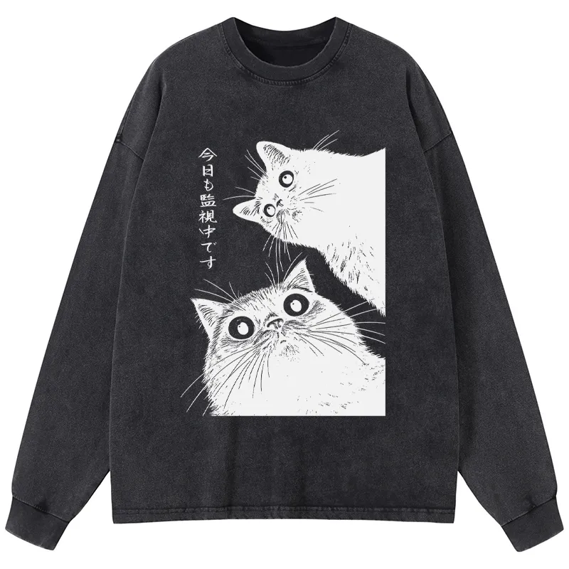 Tokyo-Tiger The Cat Is Watching Today Washed Long Sleeve T-Shirt