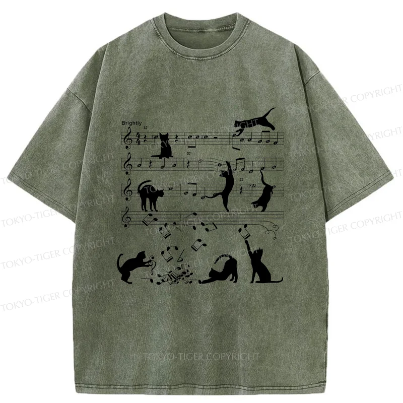 Tokyo-Tiger Cat Playing With Sheet Music Washed T-Shirt