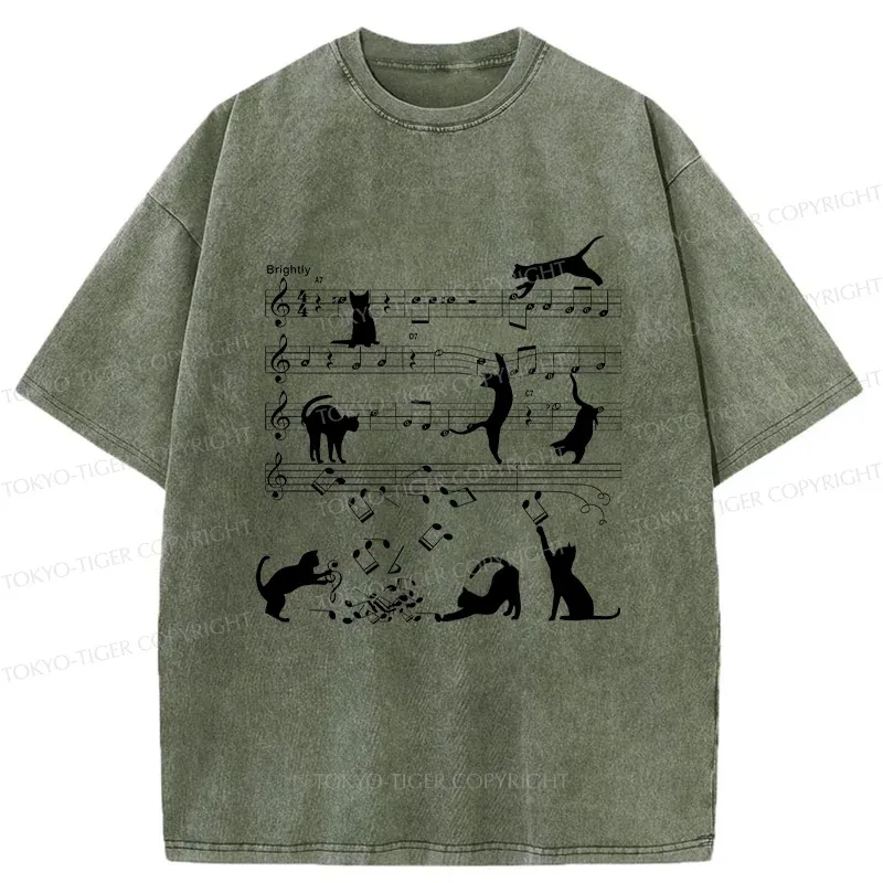 Tokyo-Tiger Cat Playing With Sheet Music Washed T-Shirt