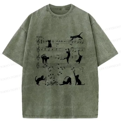 Tokyo-Tiger Cat Playing With Sheet Music Washed T-Shirt