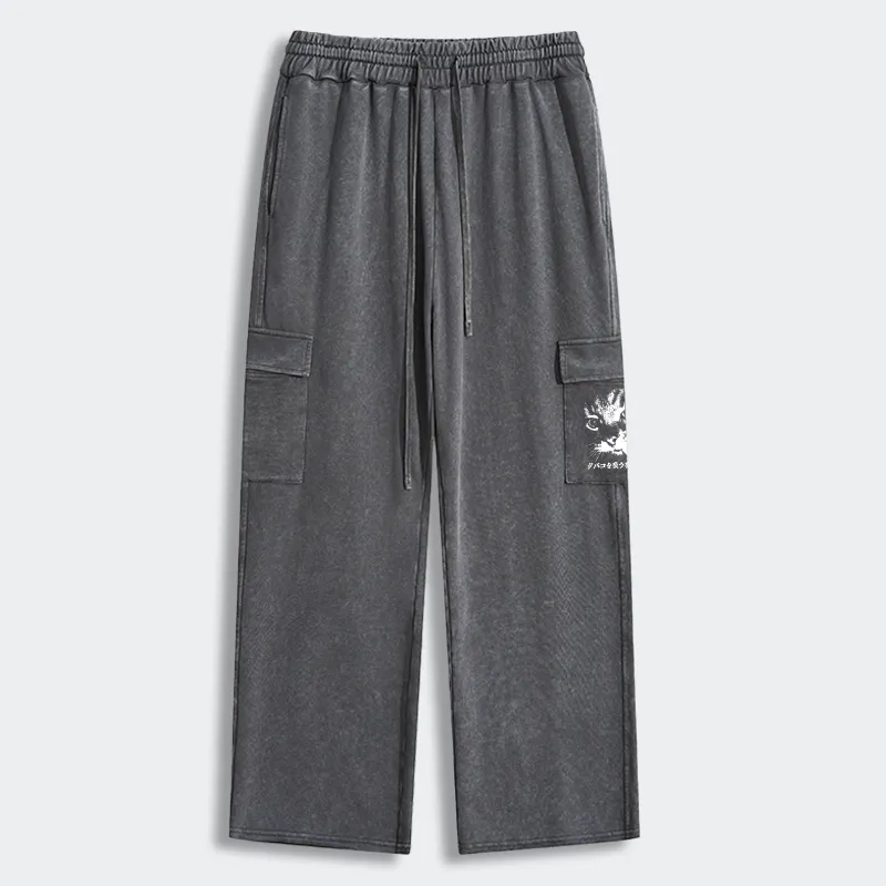Tokyo-Tiger Retro Cat Smoking Washed Utility Sweatpants