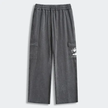 Tokyo-Tiger Retro Cat Smoking Washed Utility Sweatpants