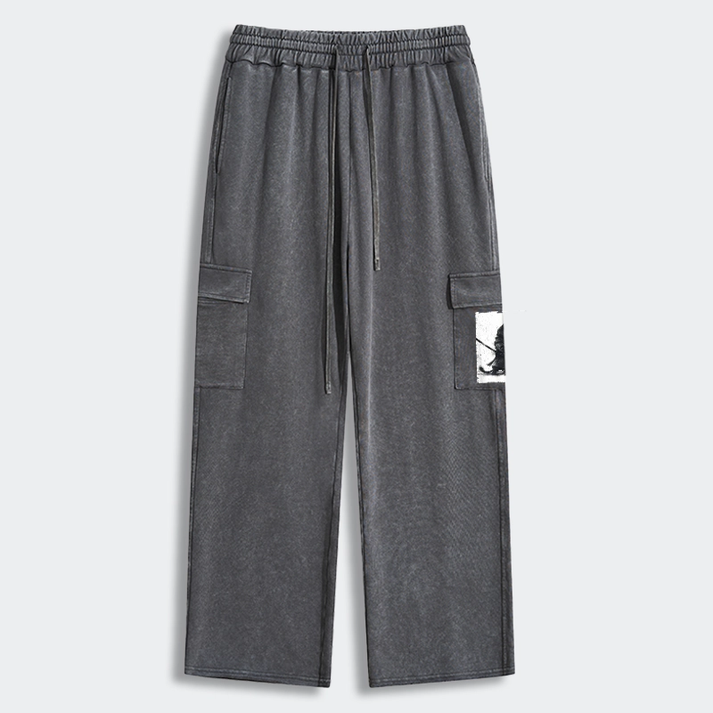 Tokyo-Tiger Retro Cat Samurai Japanese Washed Utility Sweatpants