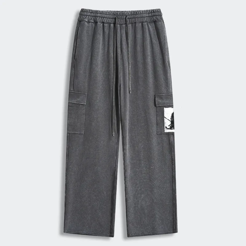 Tokyo-Tiger Retro Cat Samurai Japanese Washed Utility Sweatpants