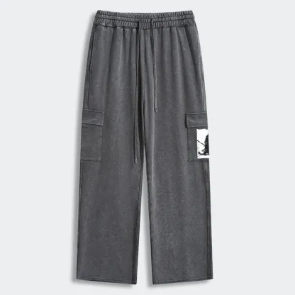 Tokyo-Tiger Retro Cat Samurai Japanese Washed Utility Sweatpants