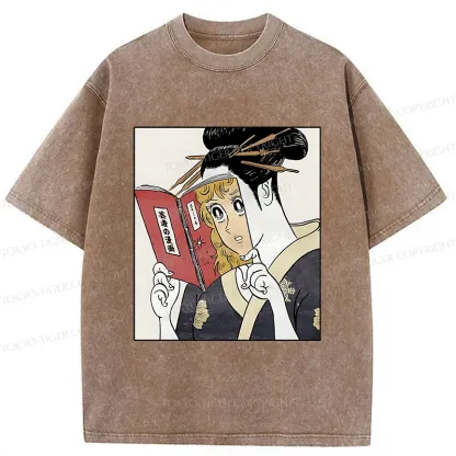 Tokyo-Tiger Geisha Reading Girls' Comics Washed T-Shirt