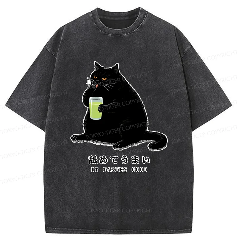 Tokyo-Tiger Cat Tasting Matcha Washed T-Shirt