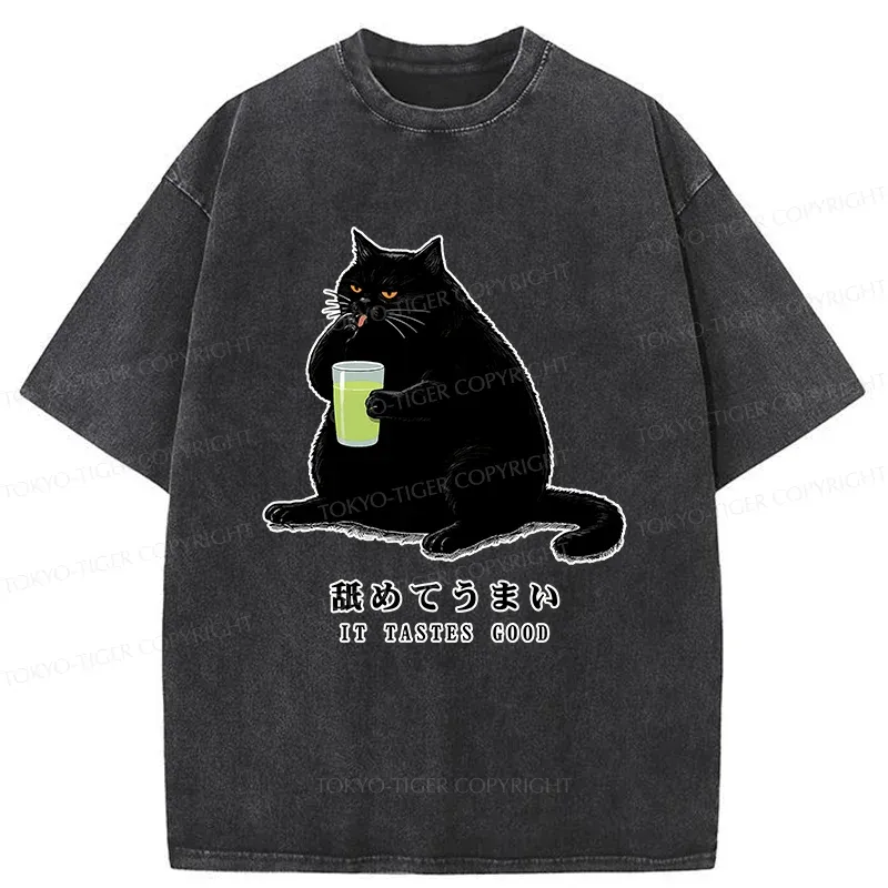 Tokyo-Tiger Cat Tasting Matcha Washed T-Shirt
