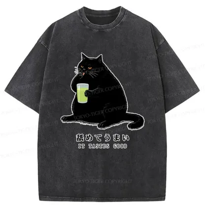 Tokyo-Tiger Cat Tasting Matcha Washed T-Shirt