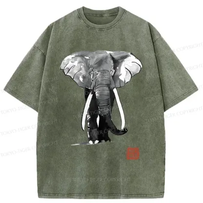 Tokyo-Tiger Elephant Ink Painting Washed T-Shirt