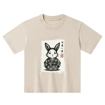 Tokyo-Tiger Woodcut Bunny Kids Washed T-Shirt