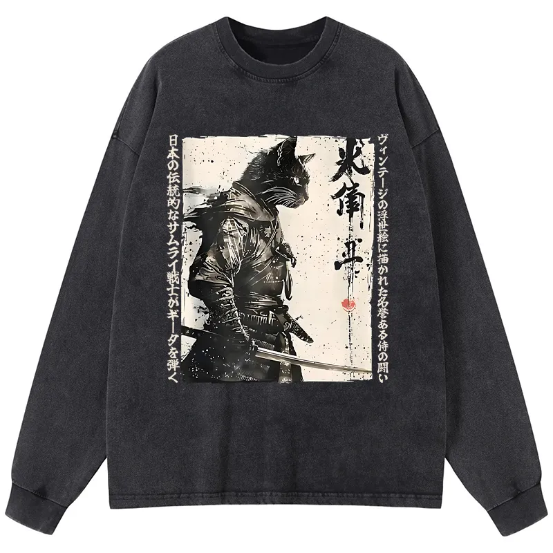 Tokyo-Tiger Cat Samurai Retro Washed Long Sleeve T-Shirt