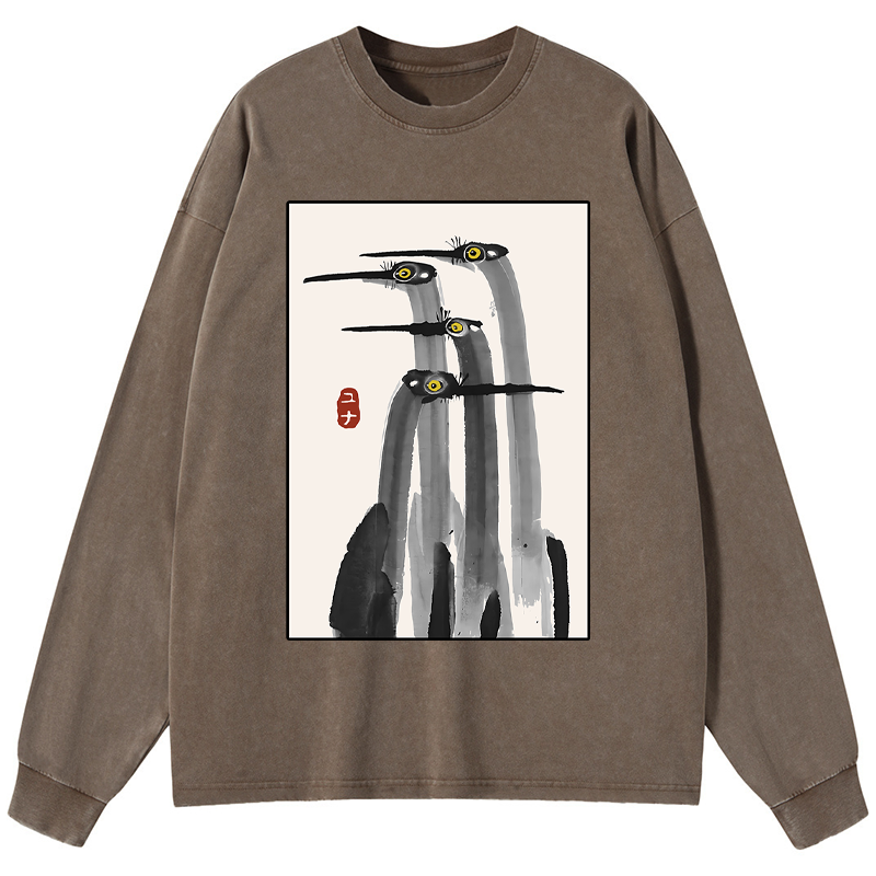 Tokyo-Tiger Japanese Crane Poster Washed Long Sleeve T-Shirt