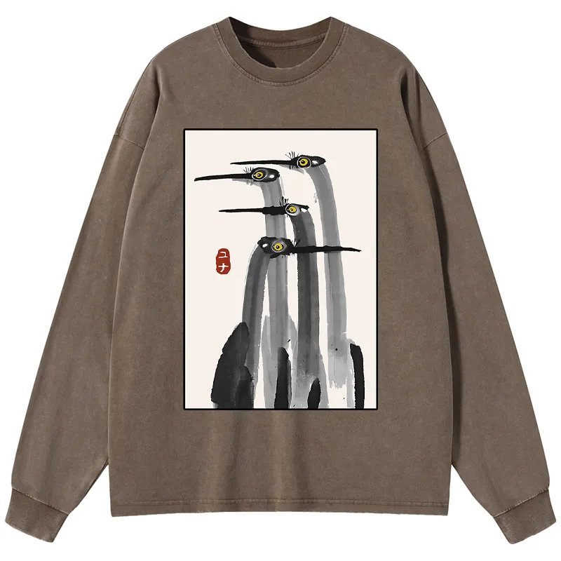 Tokyo-Tiger Japanese Crane Poster Washed Long Sleeve T-Shirt