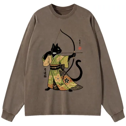 Tokyo-Tiger Japan Cat Archery Washed Long Sleeve T-Shirt