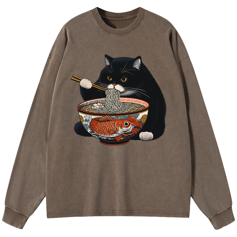 Tokyo-Tiger Fat Cat Eating Ramen Washed Long Sleeve T-Shirt