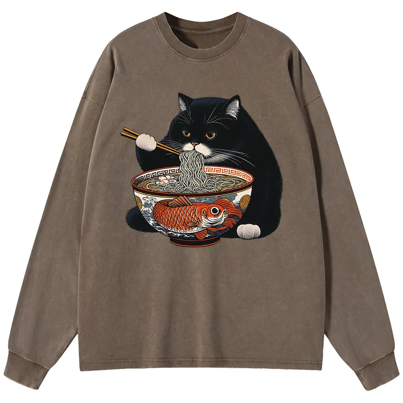 Tokyo-Tiger Fat Cat Eating Ramen Washed Long Sleeve T-Shirt