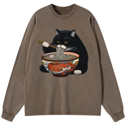 Tokyo-Tiger Fat Cat Eating Ramen Washed Long Sleeve T-Shirt