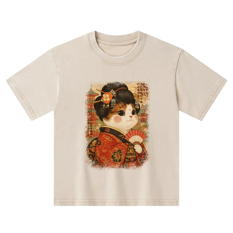 Tokyo-Tiger Ukiyoe Japanese Cat Princess Kids Washed T-Shirt