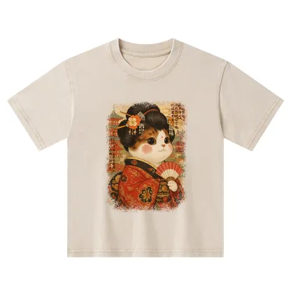 Tokyo-Tiger Ukiyoe Japanese Cat Princess Kids Washed T-Shirt