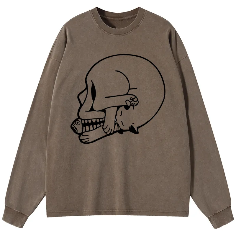 Tokyo-Tiger Funny Cat Eating Fish Washed Long Sleeve T-Shirt