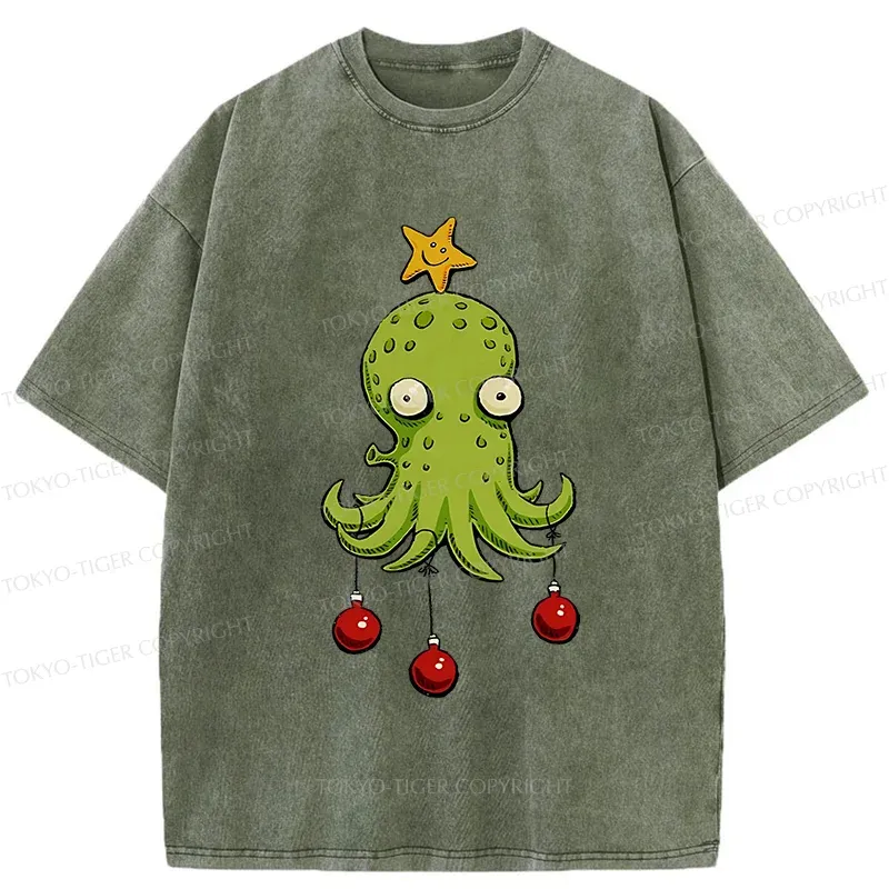 Tokyo-Tiger Christmas Tree Octopus Washed T-Shirt