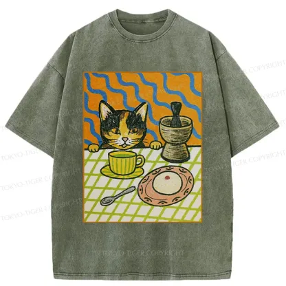 Tokyo-Tiger Cat Waiting For Afternoon Tea Washed T-Shirt