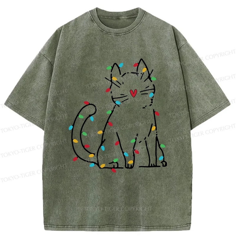 Tokyo-Tiger Christmas Lights Cat Washed T-Shirt