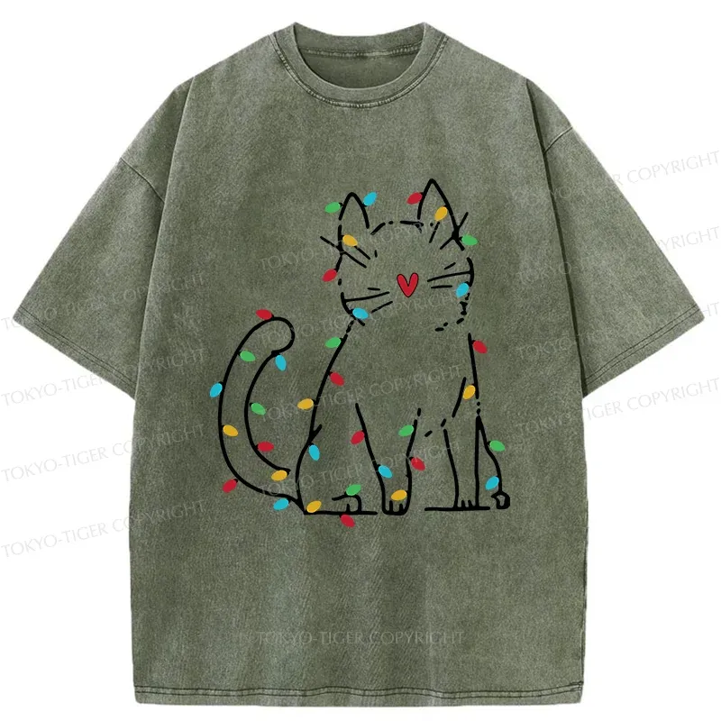Tokyo-Tiger Christmas Lights Cat Washed T-Shirt
