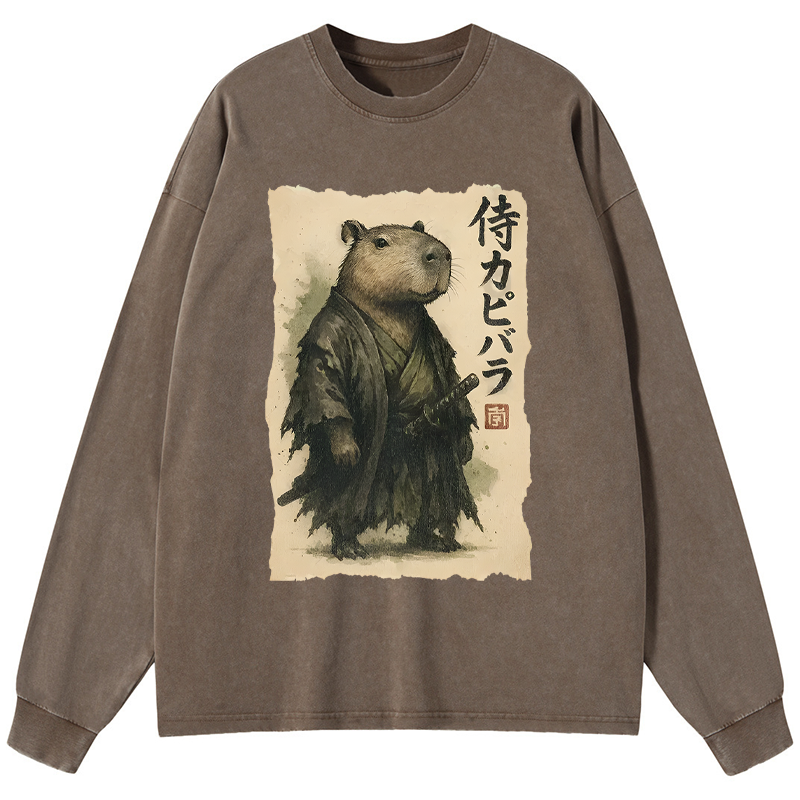 Tokyo-Tiger Capybara Samurai Washed Long Sleeve T-Shirt