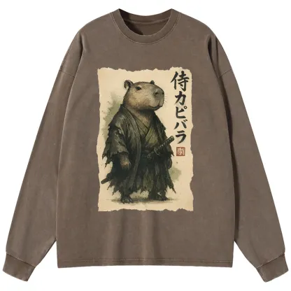 Tokyo-Tiger Capybara Samurai Washed Long Sleeve T-Shirt