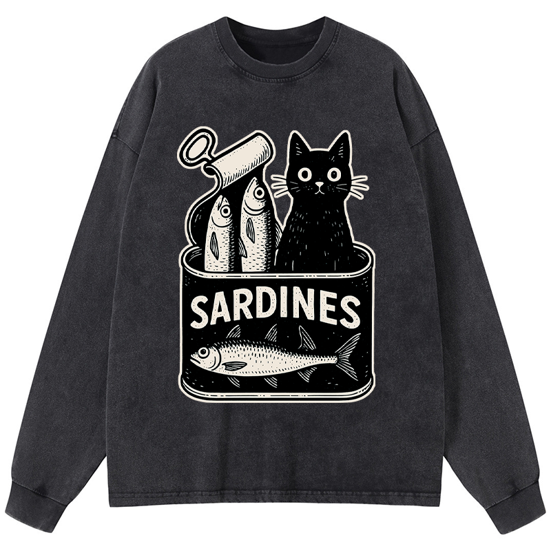 Tokyo-Tiger Cat And Canned Fish Washed Long Sleeve T-Shirt