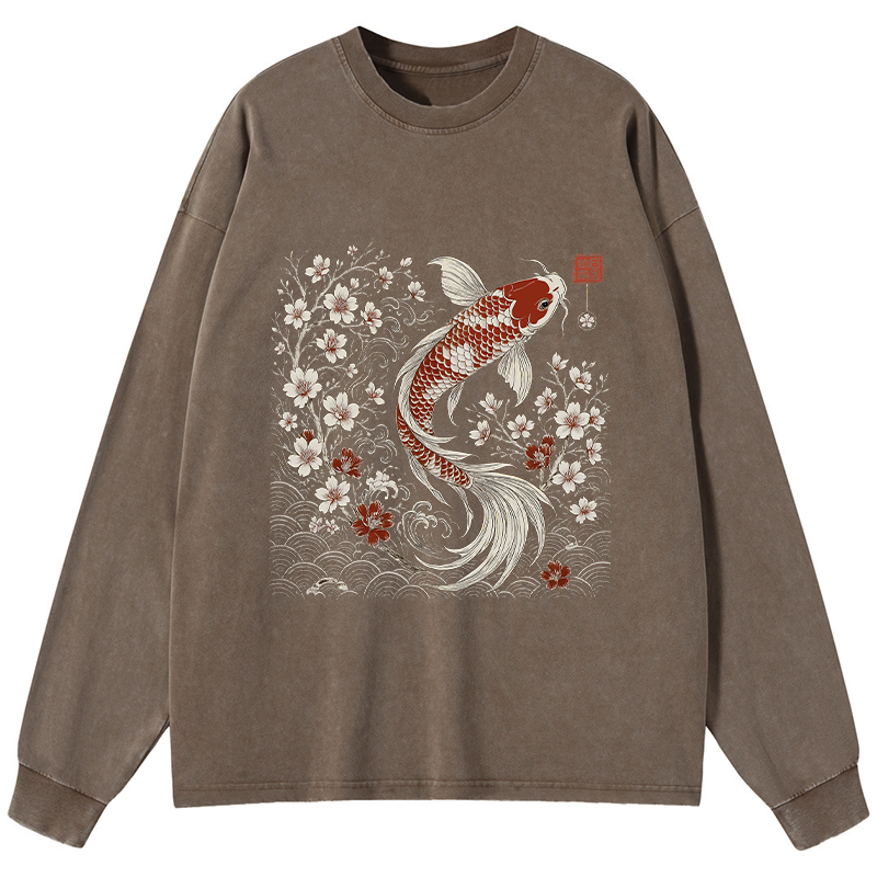 Tokyo-Tiger Vintage Sakura And Koi Washed Long Sleeve T-Shirt