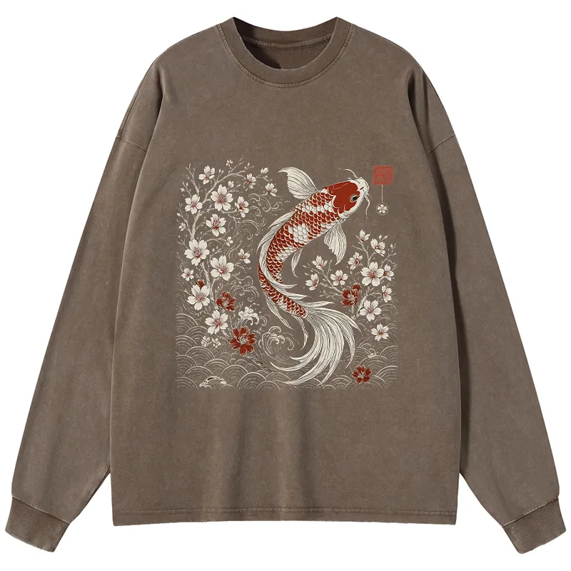 Tokyo-Tiger Vintage Sakura And Koi Washed Long Sleeve T-Shirt