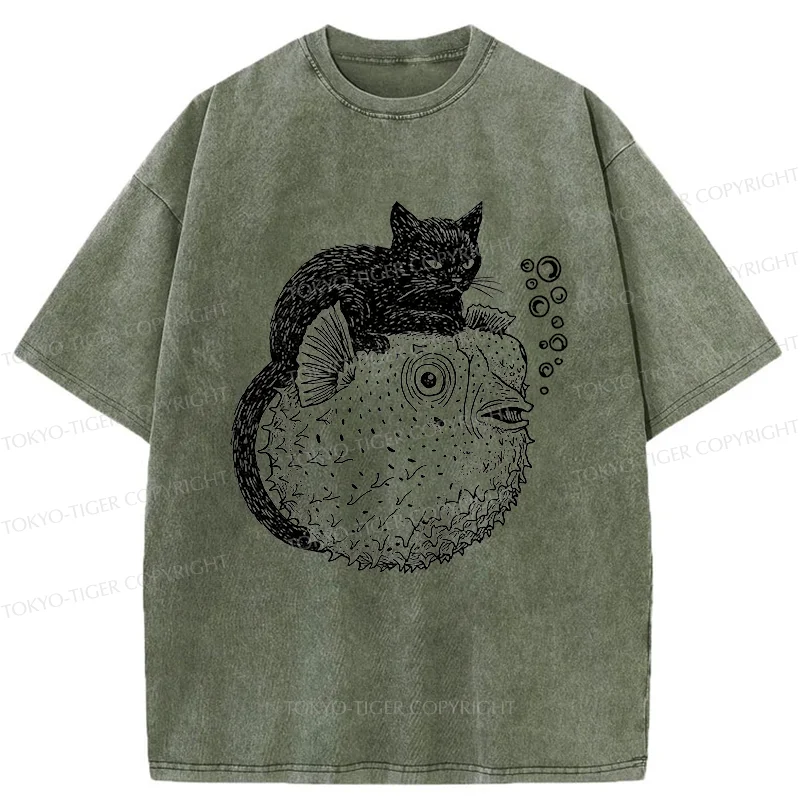 Tokyo-Tiger Black Cat Riding A Pufferfish Washed T-Shirt