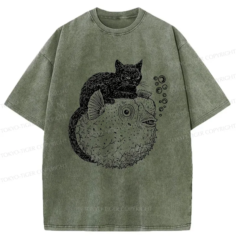 Tokyo-Tiger Black Cat Riding A Pufferfish Washed T-Shirt