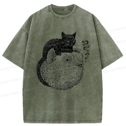 Tokyo-Tiger Black Cat Riding A Pufferfish Washed T-Shirt