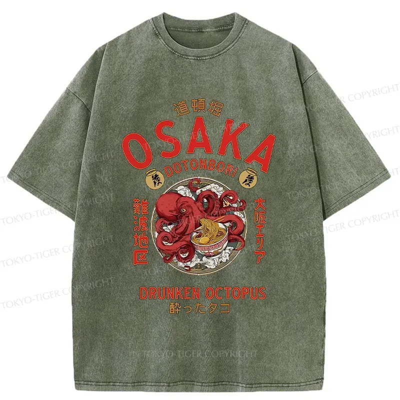 Tokyo-Tiger Osaka Octopus Eating Ramen Washed T-Shirt