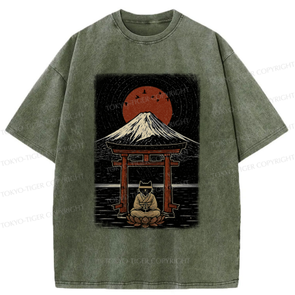 Tokyo-Tiger Samurai Cat In Meditation Washed T-Shirt