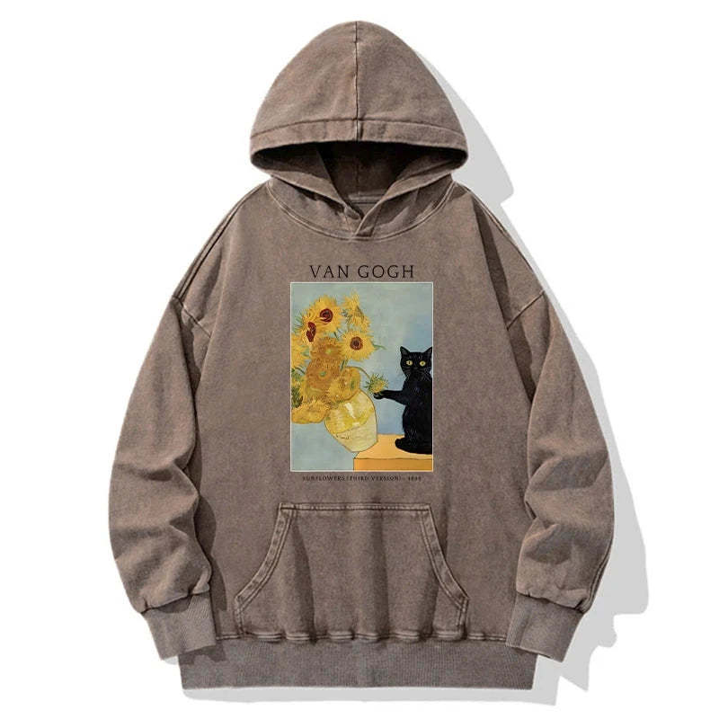 Tokyo-Tiger Black Cat With Sunflowers Washed Hoodie