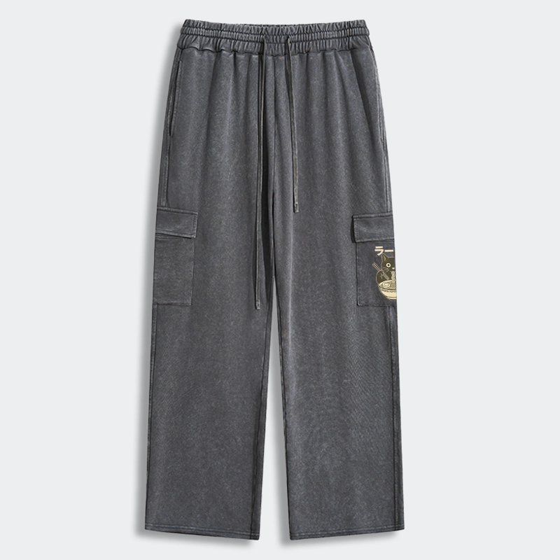 Tokyo-Tiger Simple Black Cat Eating Ramen Washed Utility Sweatpants