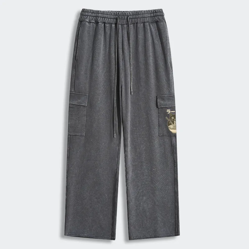 Tokyo-Tiger Simple Black Cat Eating Ramen Washed Utility Sweatpants