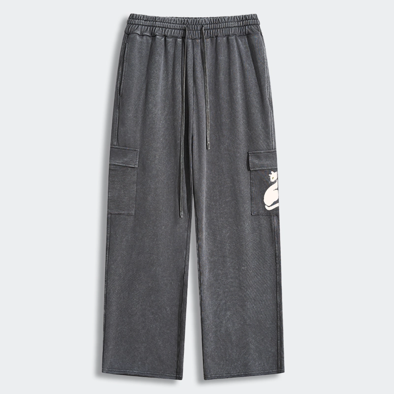Tokyo-Tiger Elegant Black Cat Japan Washed Utility Sweatpants