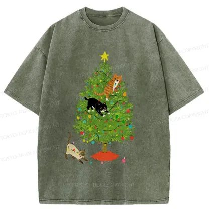 Tokyo-Tiger Cats Playing On The Christmas Tree Washed T-Shirt