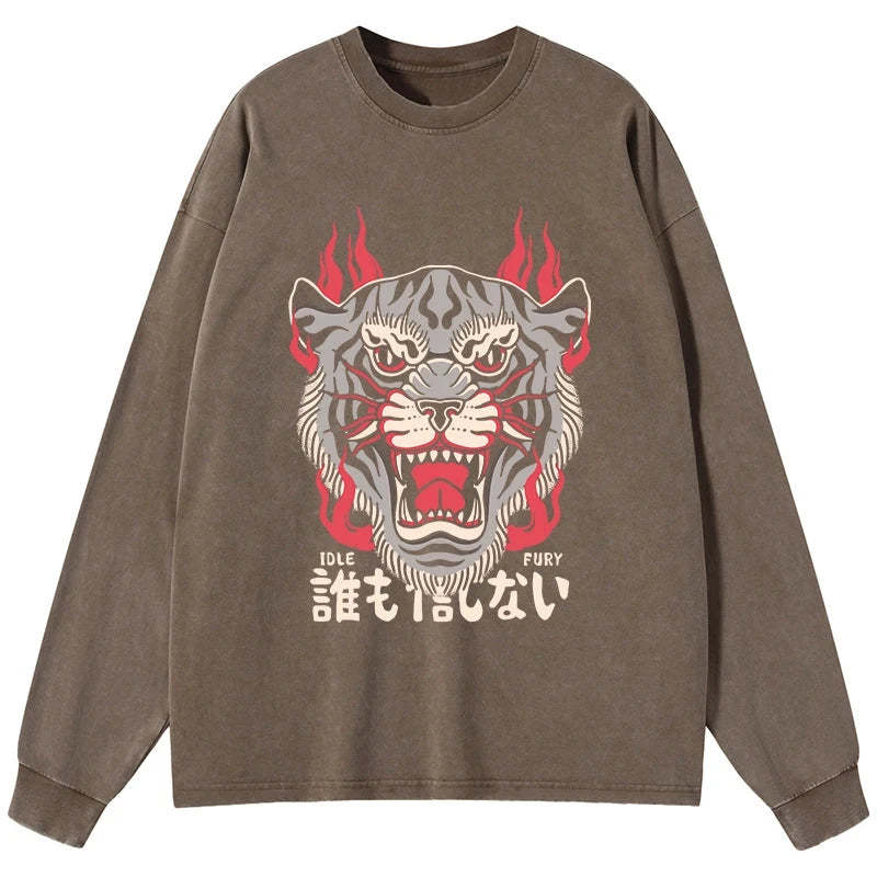 Tokyo-Tiger Retro Tiger Japanese Washed Long Sleeve T-Shirt