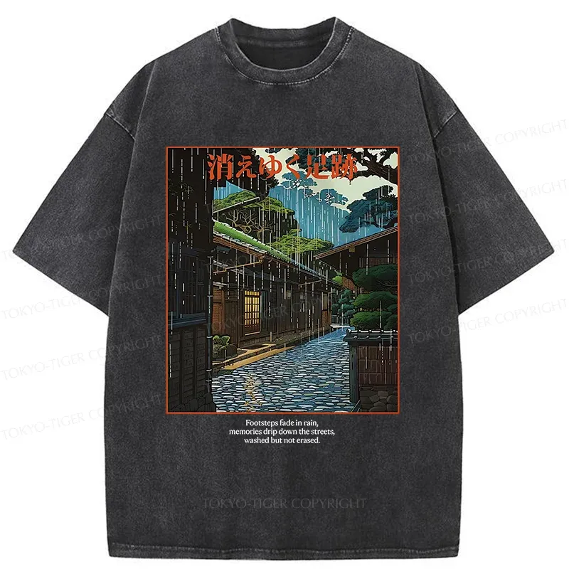 Tokyo-Tiger Courtyard In The Rain Washed T-Shirt Sale