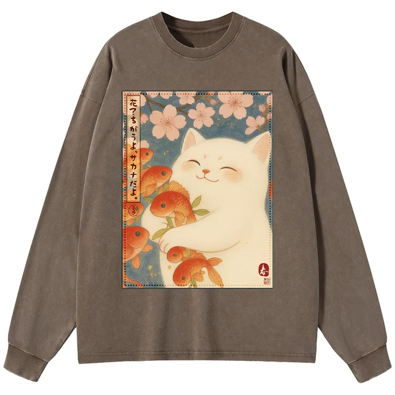 Tokyo-Tiger Funny Ukiyoe Cat and Fish Flower Washed Long Sleeve T-Shirt